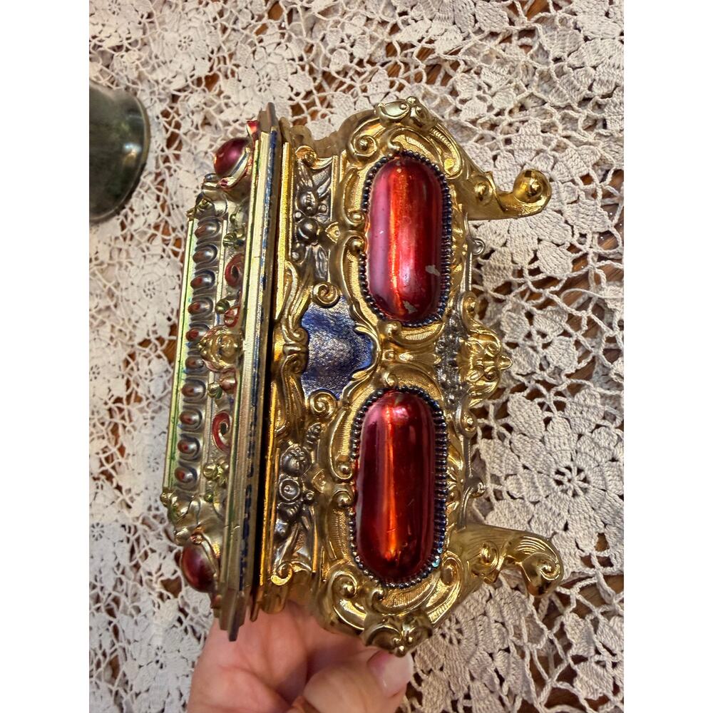Antique French Jewelry Box Gilt Bronze Ruby Cabochon Box Trinket Box